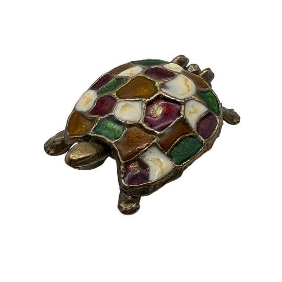 Other - Vintage Brass Turtle Trinket Box Colorful Enamel Mosaic Shell Cottagecore Boho
